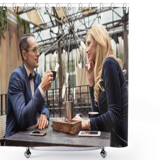Personality  Beautiful Adult Couple Drinking Coffee At Stylish Restaurant Shower Curtains