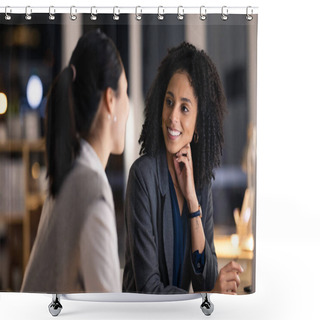 Personality  Night, Office And Business Meeting Women With Teamwork, Collaboration And Brainstorming Global Marketing Ideas For Client Negotiation. Corporate Employees In Dark Workplace For Strategy Communication. Shower Curtains