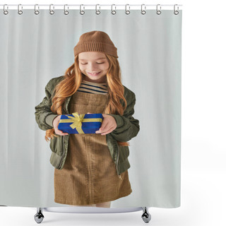 Personality  Cheerful Girl In Stylish Winter Outfit With Hat Holding Wrapped Christmas Present On Grey Backdrop Shower Curtains