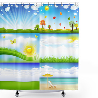 Personality  6 Beautiful Landscape With Trees And Clouds, Vector Illustration Shower Curtains