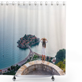 Personality  Attractive Woman Standing On Viewpoint Near Saint Stephen Island In Adriatic Sea, Budva, Montenegro Shower Curtains