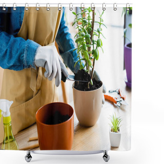 Personality  Cropped View Of Girl In Gloves Holding Small Shovel With Ground While Transplanting Plant  Shower Curtains