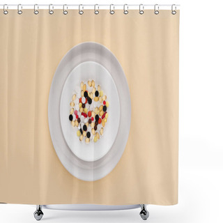 Personality  Top View Of Plate With Various Pills On Beige Background Shower Curtains