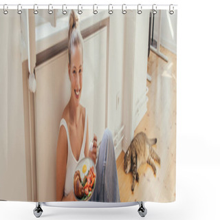 Personality  Blonde Woman In Top Holding Breakfast On Plate Near Scottish Fold Cat On Floor At Home, Banner  Shower Curtains