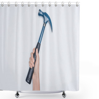 Personality  Cropped Shot Of Woman Holding Hammer Isolated On White Shower Curtains