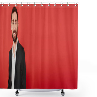 Personality  Portrait Of Joyful Bearded Man In Formal Wear Suit Smiling At Camera On Red, Horizontal Banner Shower Curtains