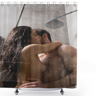 Personality  Sexy Couple Hugging And Taking Shower In Cabin  Shower Curtains