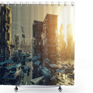 Personality  Apocalypse Sunset City View, 3d Rendering Concept. Shower Curtains