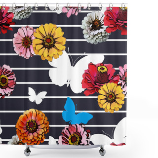 Personality  Semless Flower Pattern With Butterflies Shower Curtains