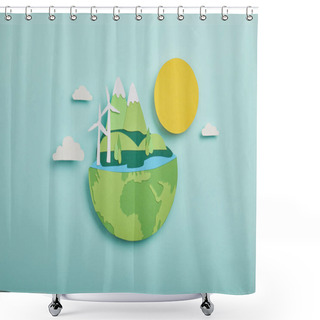 Personality  Top View Of Paper Cut Planet With Renewable Energy Sources On Turquoise Background, Earth Day Concept Shower Curtains