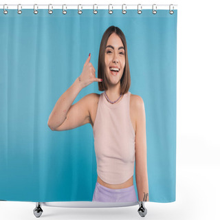 Personality  Showing Call Me, Happy Young Woman With Short Hair Gesturing And Looking At Camera On Blue Background, Casual Attire, Gen Z Fashion, Personal Style, Nose Piercing, Positivity  Shower Curtains