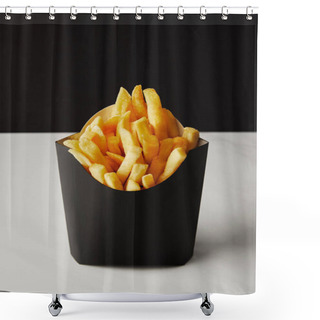 Personality  Close-up Shot Of Box Of French Fries On White Marble Surface Isolated On Black Shower Curtains