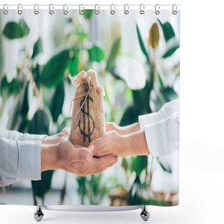 Personality  Cropped Shot Of People Holding Sackcloth Bag With Dollar Sign In Hands  Shower Curtains