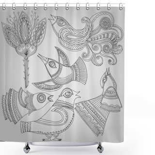 Personality  Set Of Fantastic Birds And Flowers In Folk Style. Vector Illustration Shower Curtains