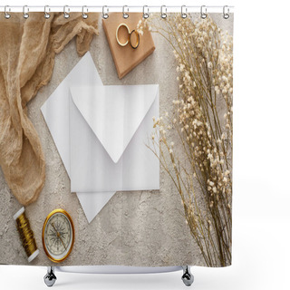 Personality  Top View Of Envelope Near Beige Sackcloth, Golden Compass And Wedding Rings On Textured Surface Shower Curtains
