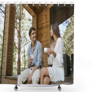 Personality  Romantic Getaway, Man And Woman Holding Cups Of Morning Coffee, Couple On Porch Of Vacation House Shower Curtains