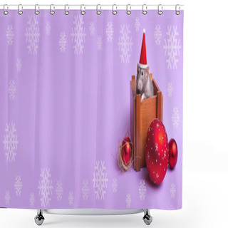 Personality  Decorative Rat Dumbo In A Santa Hat On A Wooden Box. Lilac Background. Lettering Merry Christmas And Happy New Year. Christmas Decorations. Year Of The Rat. Chinese New Year. Charming Pet. Snowflakes On The Background. Shower Curtains