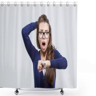 Personality  Woman Holding Hand With Wrist Watch And Looking At Camera Shower Curtains
