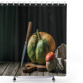Personality  Close Up View Of Food Composition With Pumpkins, Knife And Cutting Board Arranged On Wooden Surface On Dark Background Shower Curtains