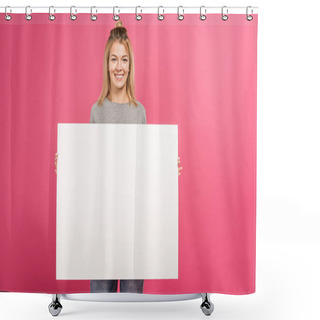 Personality  Attractive Woman Holding Empty Board, Isolated On Pink Shower Curtains