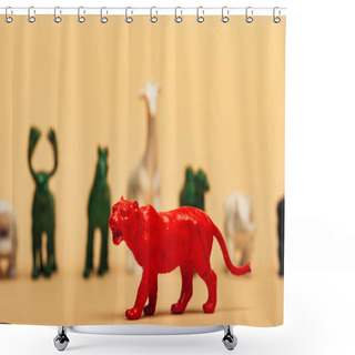 Personality  Selective Focus Of Red Tiger With Colored Toy Animals On Yellow Background, Extinction Of Animals Concept Shower Curtains