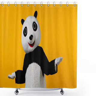 Personality  Confused Person In Panda Bear Costume Showing Shrug Gesture Isolated On Yellow  Shower Curtains