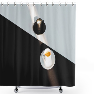 Personality  High Angle View Of Black And White Cups Of Milk And Coffee On Black And White Surface, Yin Yang Concept Shower Curtains