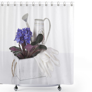 Personality  Concept Still Life With Violet Viola, Gloves And Green Watering Can Over White Shower Curtains