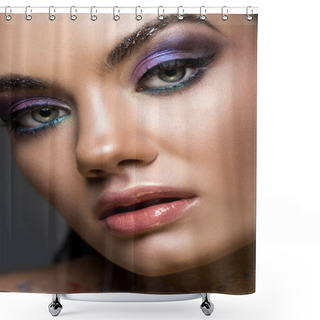 Personality  Beautiful Young Woman With Glitter Eyeshadows And Makeup, Isolated On Grey Shower Curtains