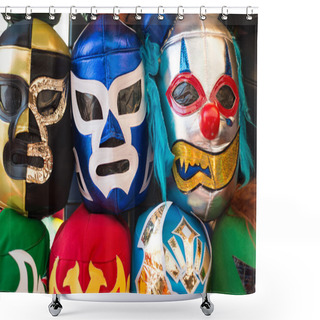 Personality  Arrangement Of Various Luchador Masks As A Background Shower Curtains
