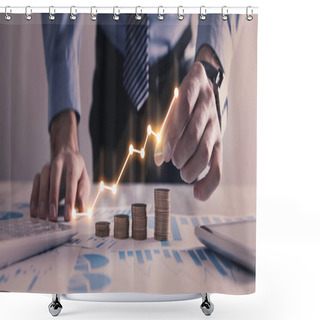 Personality   Man Stacking Coins With A Graph Of Profit. Shower Curtains