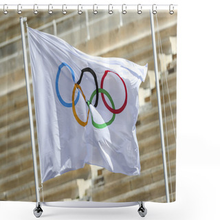 Personality  Athens, Greece - March 19, 2020: Olympic Flame Handover Ceremony For The Tokyo 2020 Summer Olympic Games At The Panathenaic Kallimarmaro Stadium. Olympics Flag Shower Curtains