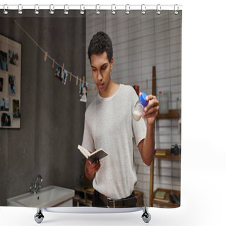 Personality  Young African American Photographer Holding Bottles With Film Developing Powder And Notebook Shower Curtains