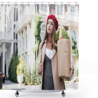 Personality  Young Woman In Beige Trench Coat And Red Beret Holding Paper Bag With Groceries On Urban Street  Shower Curtains