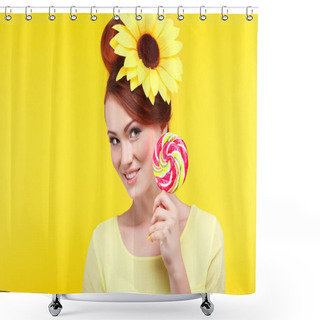 Personality  Beautiful  Girl With A Large Candy, Isolated On A Yellow Background With Yellow Flower  In Hairs, Emotions, Cosmetics Shower Curtains