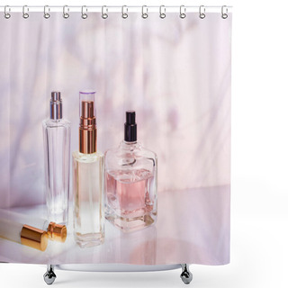 Personality  Perfume Bottle On A Light Pink Floral Background. Selective Focus. Perfumery Collection, Cosmetics Shower Curtains