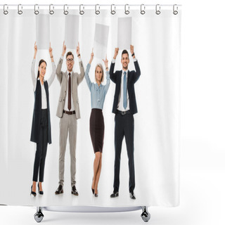 Personality  Businesswomen And Businessmen Holding Empty Cards Isolated On White Shower Curtains