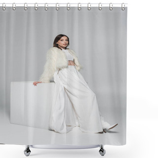 Personality  Full Length Of Young Woman In White Faux Fur Jacket And Trendy Outfit Standing Near Cube On Grey Shower Curtains