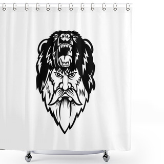 Personality  Black And White Illustration Of Head Of A Berserker Or Bear Warrior Wearing Bear Skin Viewed From Front  On Isolated Background In Retro Style. Shower Curtains