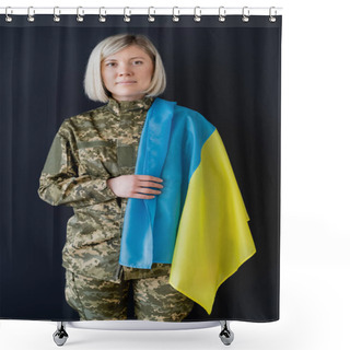 Personality  Blonde Military Woman With Ukrainian Flag Looking At Camera Isolated On Black Shower Curtains