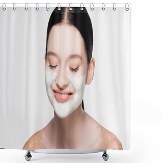 Personality  Smiling Young Beautiful Woman With Vitiligo And Clay Mask On Face Isolated On White Shower Curtains