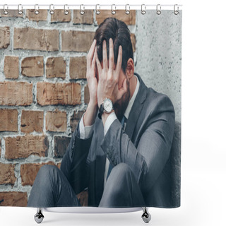 Personality  Sad Man In Gray Suit Sitting And Covering Face With Hands On Brown Textured Background In Room, Grieving Disorder Concept Shower Curtains