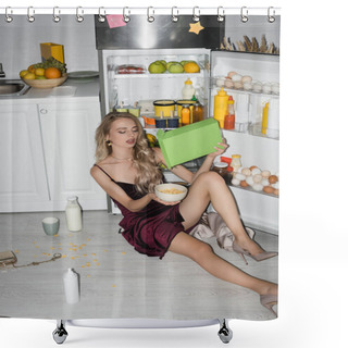 Personality  Sexy Woman In Velour Dress Pouring Cornflakes Into Bowl While Sitting On Floor In Kitchen Shower Curtains