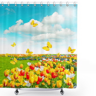 Personality  Flowers In Green Grass. Spring Landscape With Blue Sky Shower Curtains
