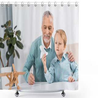 Personality  Middle Aged Man And Grandson Having Fun With Paper Plane At Home Shower Curtains