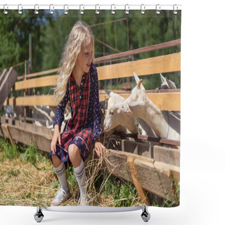 Personality  Kid Sitting On Fence At Farm And Feeding Goats Shower Curtains