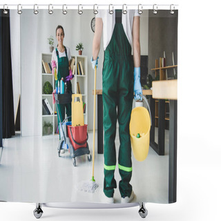 Personality  Cropped Shot Of Young Cleaners Holding Various Cleaning Equipment In Office  Shower Curtains