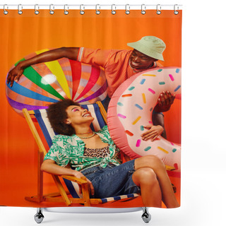 Personality  Positive Young African American Best Friends In Stylish Summer Outfit Holding Pool Ball And Ring Near Deck Chair On Orange Background, Fashion-forward Friends, Friendship Concept  Shower Curtains
