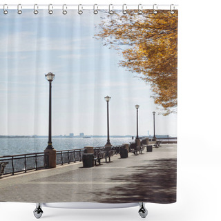 Personality  Embankment With Lanterns And Walkway Near River Bay In New York City Shower Curtains