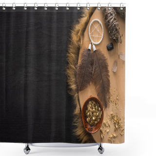 Personality  Top View Of Smudge Sticks Near Dreamcatcher With Feathers And Crystals On Shamanic Tambourine On Dark Wooden Surface Shower Curtains